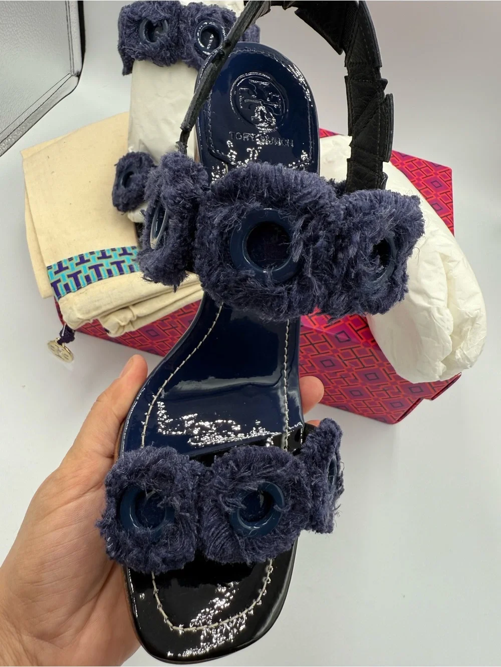 Tory Burch Navy Floral-Appliqué Wedge Sandals
